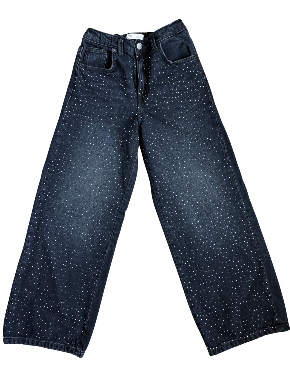 Zara Girls Wide Leg Rhinestone Jeans Size 11-12Y Dark Wash Sparkly Denim Pants